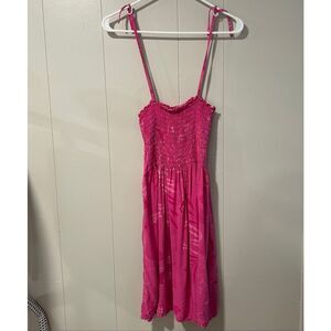 Cabali Hot Pink Smocked Midi Sundress Size M | Hawaiian Floral Beach Dress